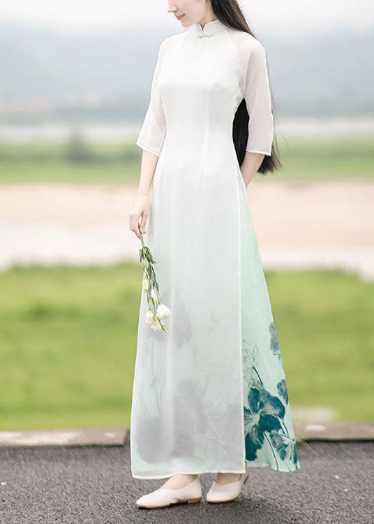 Oriental White Gradient Print Side Open Chiffon Dress Spring