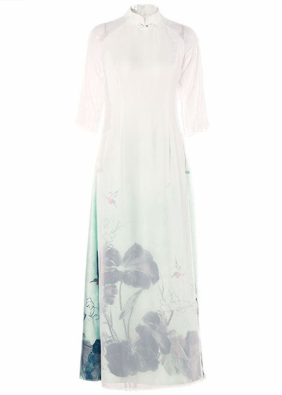 Oriental White Gradient Print Side Open Chiffon Dress Spring