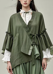 Original Army Green Ruffled Lace Up Patchwork Cotton Coat Batwing Sleeve