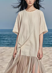 Original Beige O Neck Tulle Patchwork Cotton Long Dress Summer