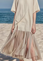 Original Beige O Neck Tulle Patchwork Cotton Long Dress Summer
