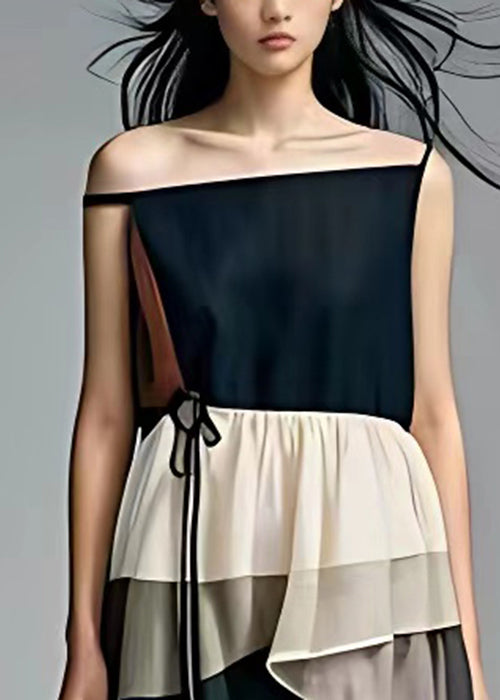 Original Black Cold Shoulder Patchwork Long Dress Sleeveless