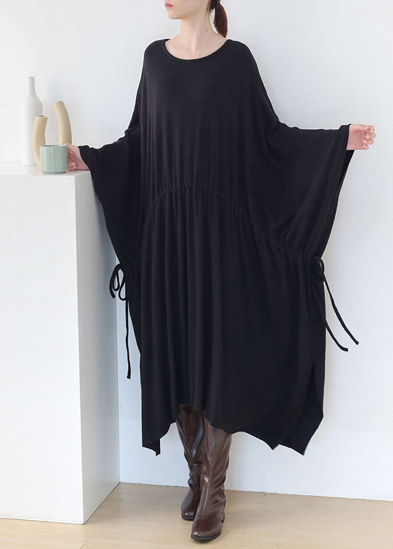 Original Black Drawstring Baggy Asymmetrical Cotton Long Dress Batwing Sleeve