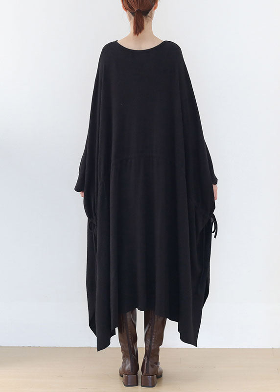 Original Black Drawstring Baggy Asymmetrical Cotton Long Dress Batwing Sleeve