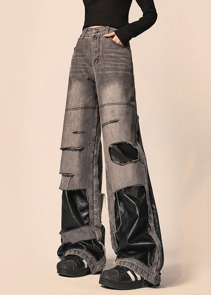 Original Black Gray Distressed Patchwork Denim Straight Pants Autumn