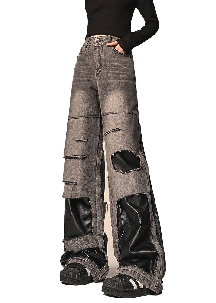 Original Black Gray Distressed Patchwork Denim Straight Pants Autumn