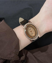 Original Black Leather Patchwork Zircon Quartz Movement Camellia Flower Student Wrist Watch