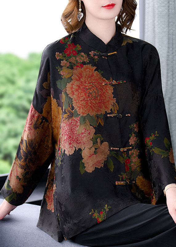 Original Pink-flower Mandarin Collar Button Floral Print Silk Coats Long Sleeve