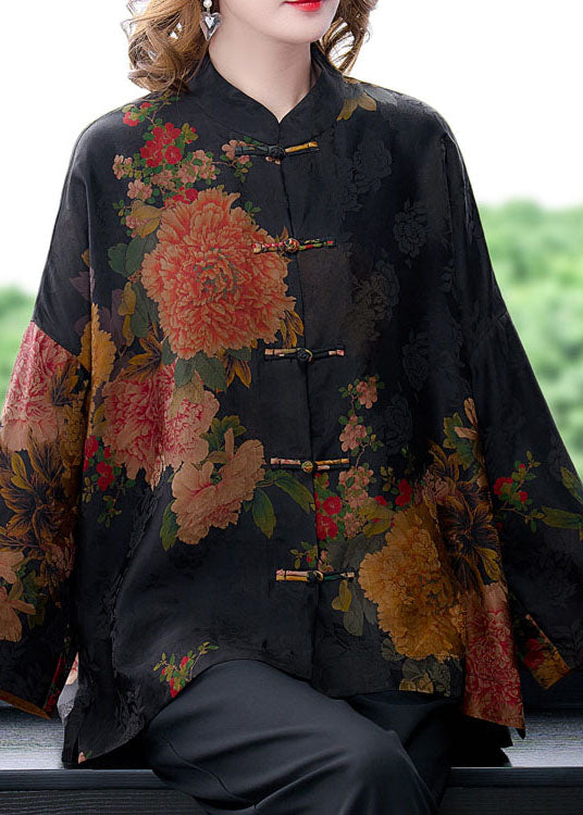 Original Green-Cashew Mandarin Collar Button Floral Print Silk Coats Long Sleeve