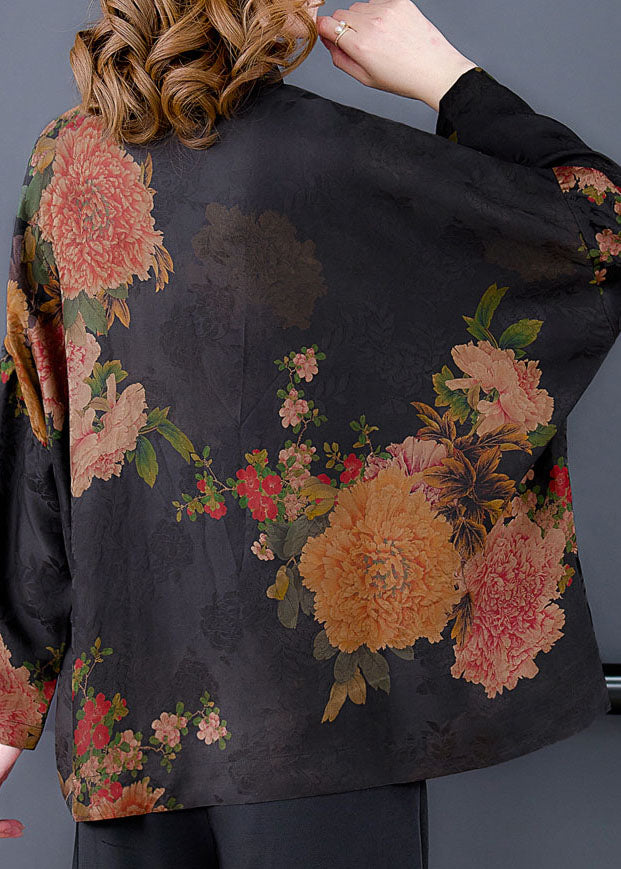 Original Pink-flower Mandarin Collar Button Floral Print Silk Coats Long Sleeve
