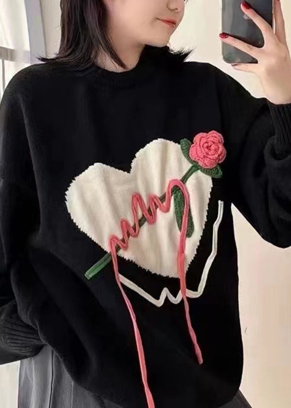 Original Black O Neck Heart Floral Knit Knitted Sweaters Fall