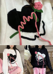 Original Black O Neck Heart Floral Knit Knitted Sweaters Fall