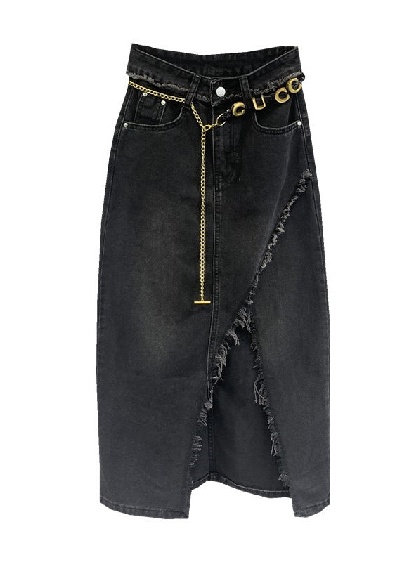 Original Black Tasseled Asymmetrical Patchwork Denim Skirts Fall