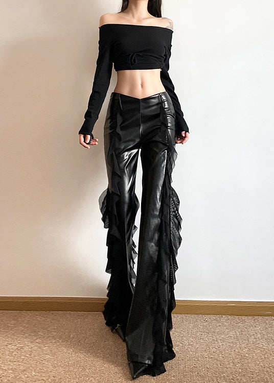 Original Black Tulle Ruffled Patchwork Faux Leather Flared Trousers Summer