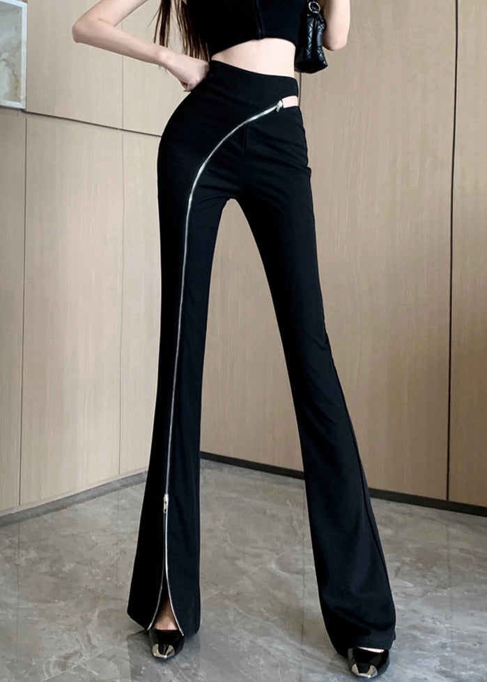 Original Black Zip Up Side Open Cotton Flared Trousers Spring