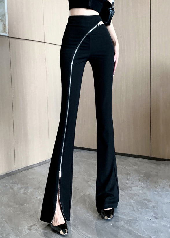 Original Black Zip Up Side Open Cotton Flared Trousers Spring