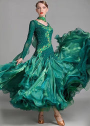 Original Blackish Green Embroideried Zircon Patchwork Tulle Dance Dress Long Sleeve