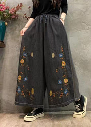 Original Blue Embroidery Patchwork Elastic Waist Denim Wide Leg Pants Autumn