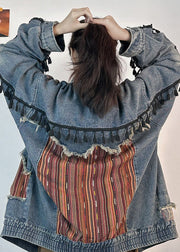 Original Blue Tasseled Pockets Patchwork Denim Jackets Spring