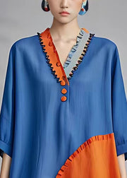 Original Blue V Neck Ruffled Patchwork Cotton Shirt Half Sleeve