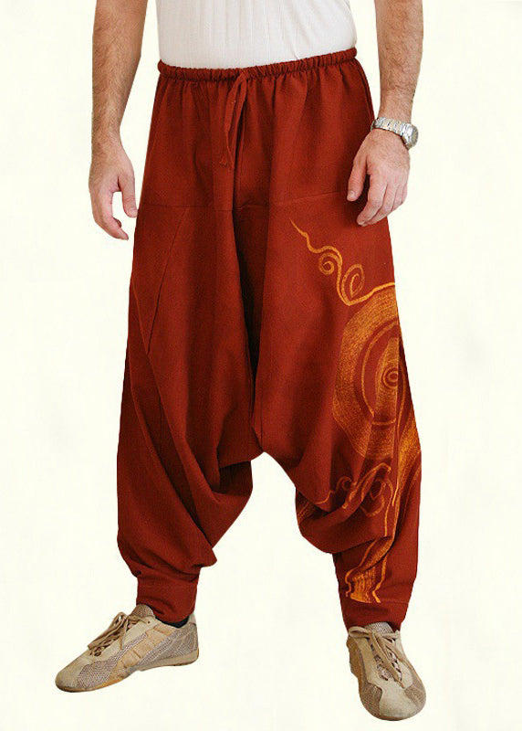 Original Brown Print Elastic Waist Cotton Men Harem Pants Summer