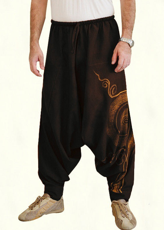 Original Brown Print Elastic Waist Cotton Men Harem Pants Summer