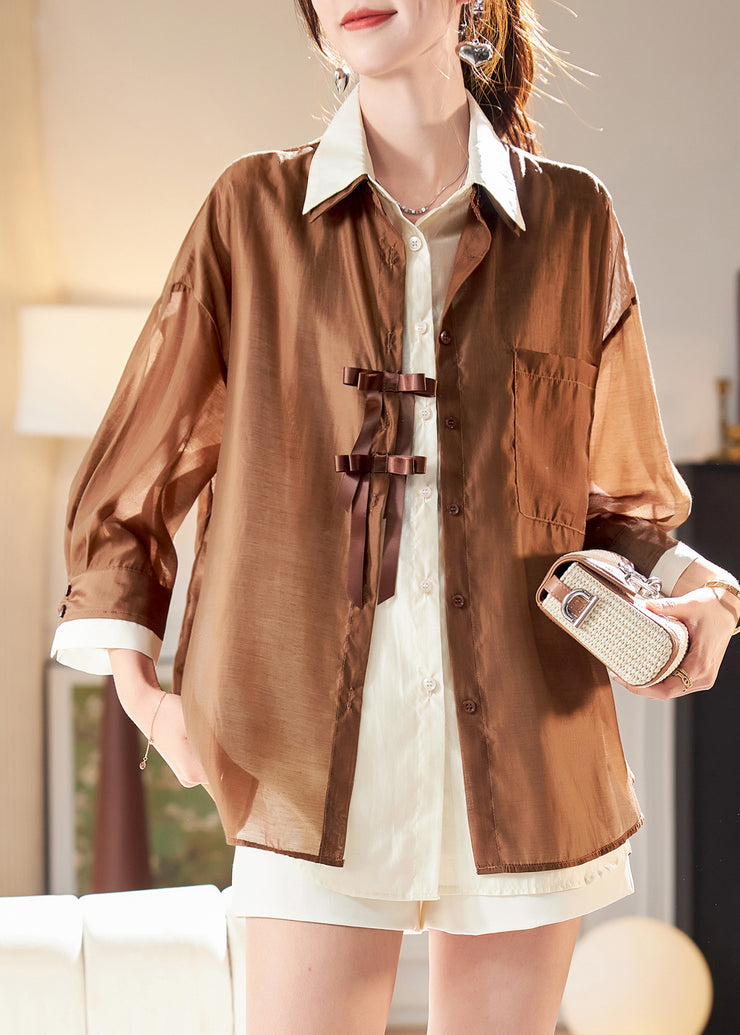 Original Coffee Peter Pan Collar False Two Pieces Chiffon Shirts Long Sleeve