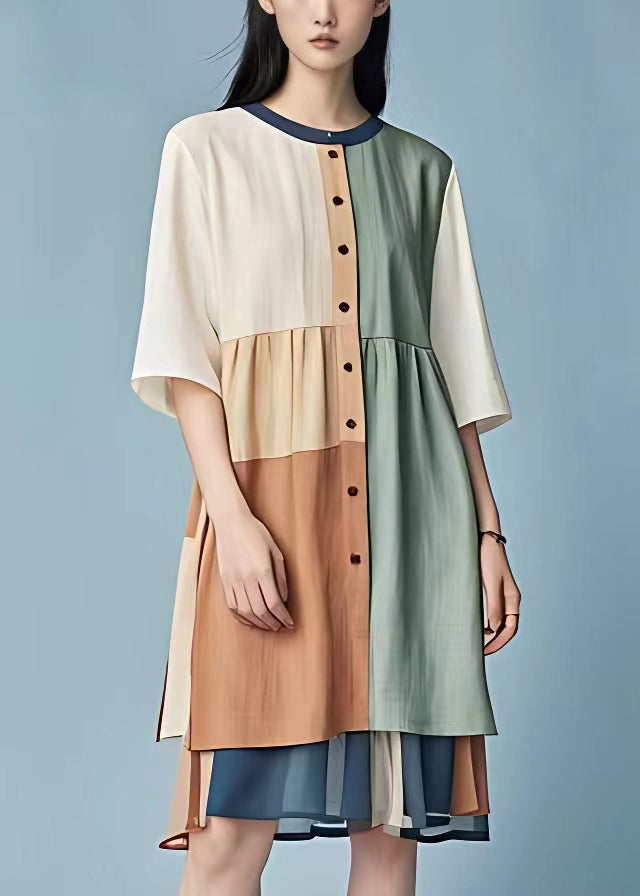 Original Colorblock Asymmetrical Patchwork Cotton Dress Half Sleeve