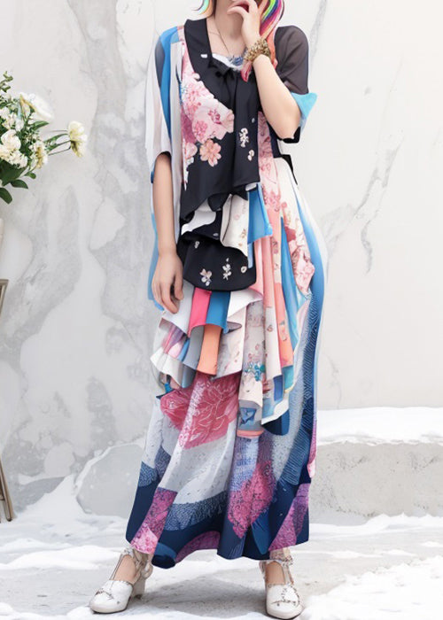 Original Colorblock Print Wrinkled Silk Long Dress Half Sleeve