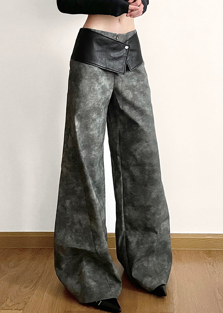Original Dark Gray High Waist Patchwork Faux Leather Pants Fall