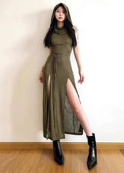 Original Design Army Green Side Open Hooded Dress Sleeveless