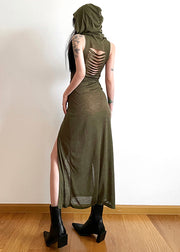 Original Design Army Green Side Open Hooded Dress Sleeveless
