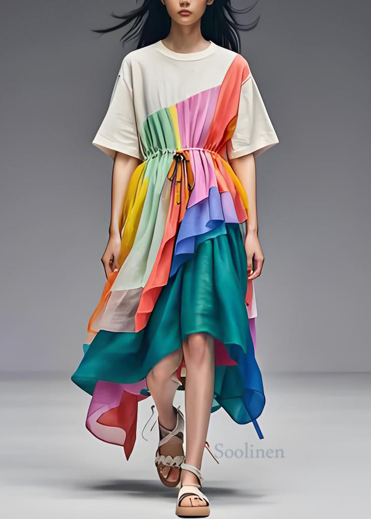 Original Design Asymmetrical Drawstring Patchwork Cotton Dress Summer