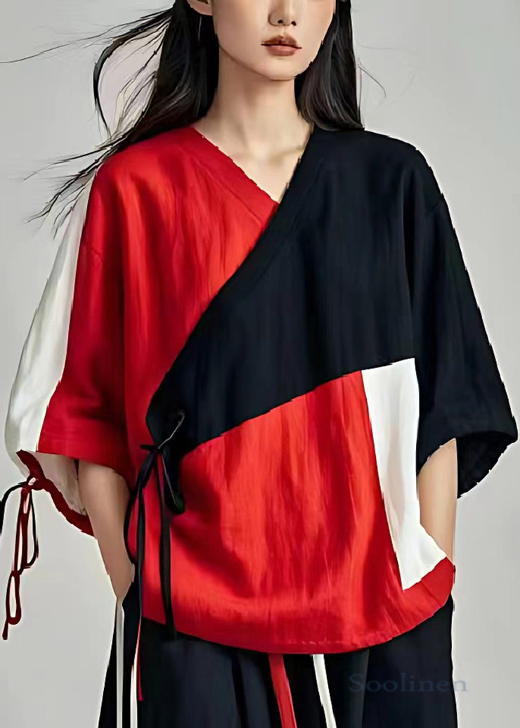 Original Design Asymmetrical Patchwork Lace Up Linen Shirts Summer