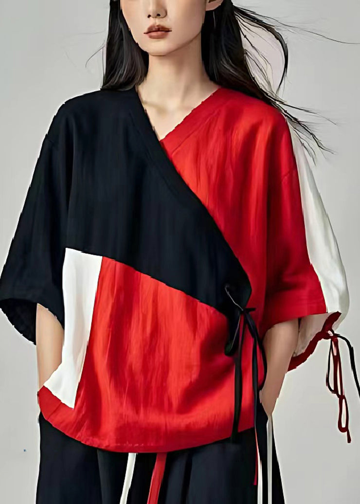 Original Design Asymmetrical Patchwork Lace Up Linen Shirts Summer