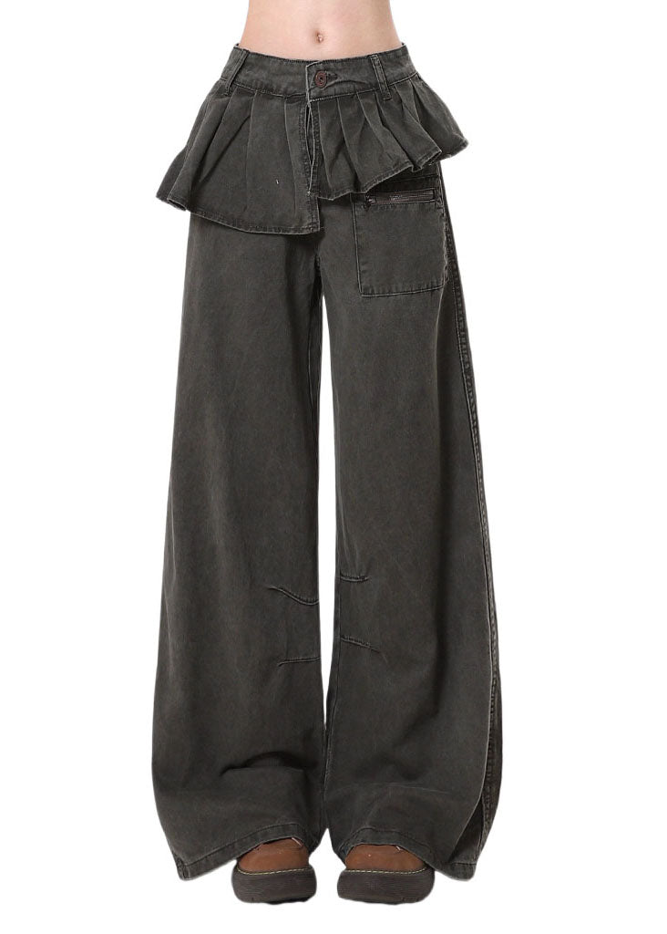 Original Design Asymmetrical Wrinkled Patchwork Denim Wide Leg Pants Spring