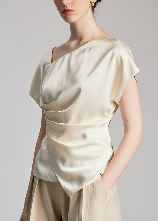 Original Design Beige Asymmetrical Design Wrinkled Silk Top Summer