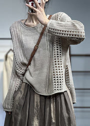 Original Design Beige O Neck Hollow Out Patchwork Knit Top Fall