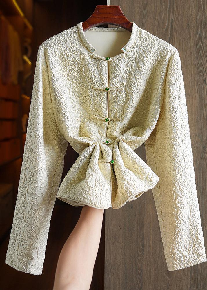 Original Design Beige Yellow Jacquard Button Patchwork Silk Coats Fall