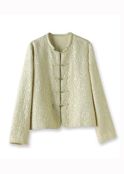 Original Design Beige Yellow Jacquard Button Patchwork Silk Coats Fall