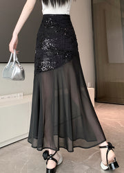 Original Design Black Asymmetrical Patchwork Sequins Skirt Summer