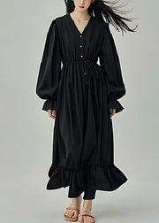 Original Design Black Cinched Cotton Maxi Dresses Lantern Sleeve