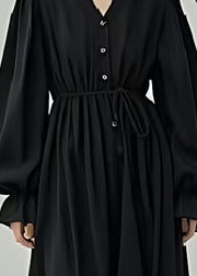 Original Design Black Cinched Cotton Maxi Dresses Lantern Sleeve