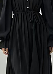 Original Design Black Cinched Cotton Maxi Dresses Lantern Sleeve