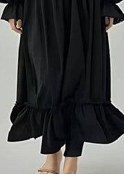 Original Design Black Cinched Cotton Maxi Dresses Lantern Sleeve