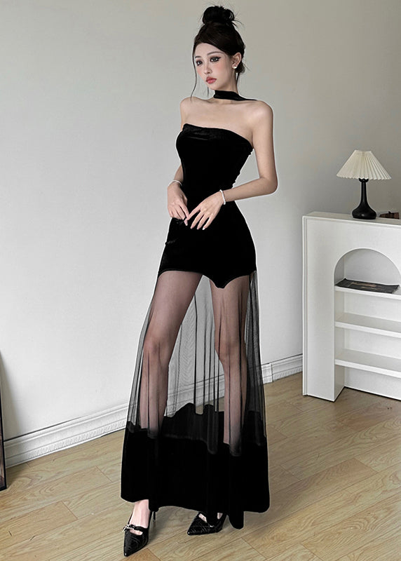 Original Design Black Cold Shoulder Backless Patchwor Tulle Maxi Dress Summer