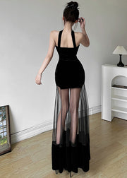 Original Design Black Cold Shoulder Backless Patchwor Tulle Maxi Dress Summer