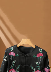 Original Design Black Embroidered Button Silk Coats Fall