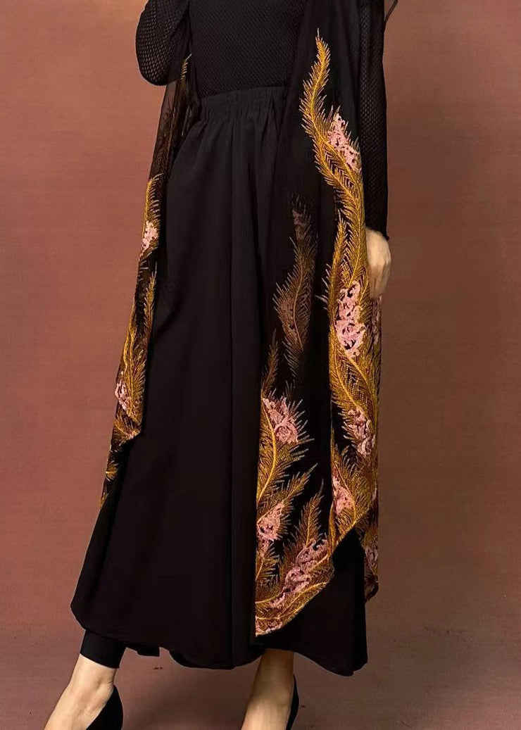 Original Design Black Embroidered Floral Wide Leg Pants Spring