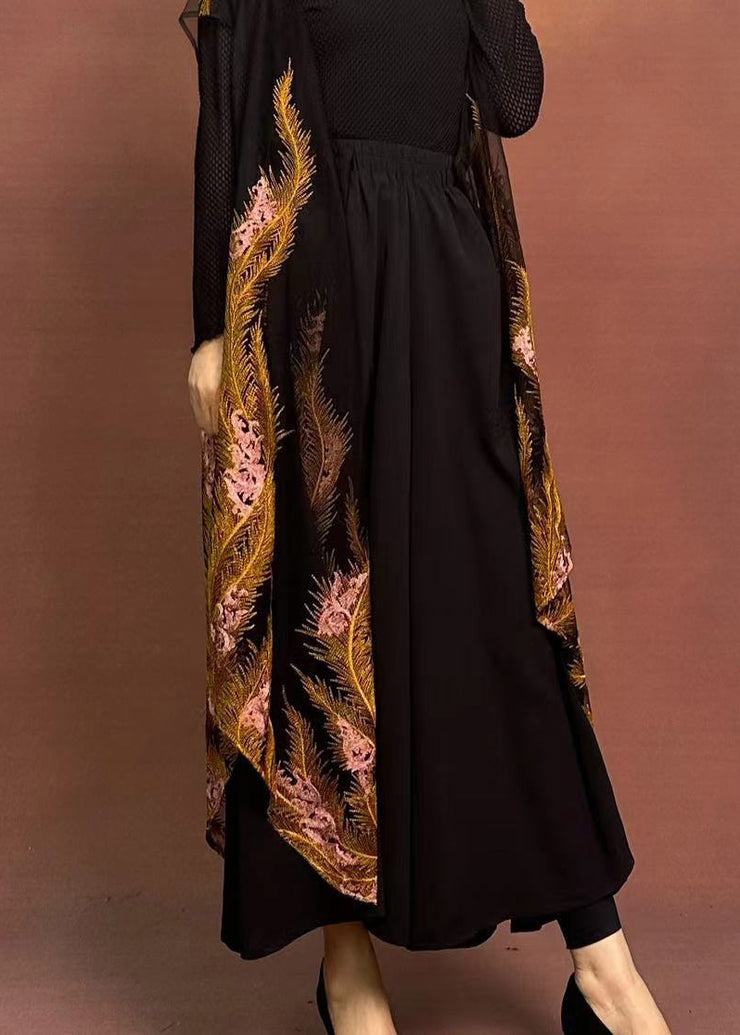 Original Design Black Embroidered Floral Wide Leg Pants Spring